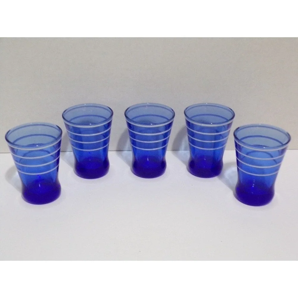 Vintage Hazel Atlas White Rings Cobalt Blue 4 oz Glasses Set‎ of 5 From 1950's